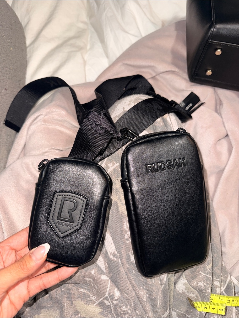 RUDSAK Black Leather Double Pouch Crossbody Belt Bag